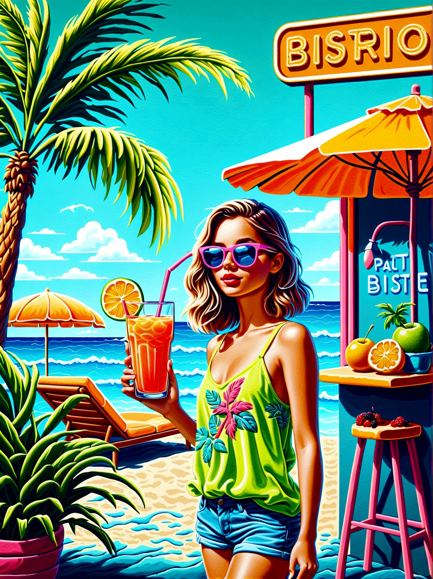 Neon，Shop sign，Tropical scene，Palm tree，Bistro，Fruit drinks，Sea，Cool little girl wearing sunglasses，发光的NeonShop sign，Ultra high ...