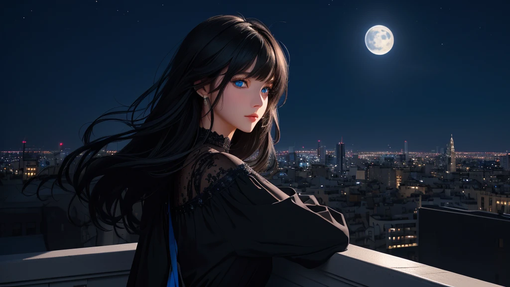 ultra-detailed, beautiful eyes, detailed eyes, detailed face, ultra-detailed, beautiful eyes, Black medium hair, high angle shot, Woman with beautiful blue eyes, looking at the city nightscape on a  night, profile, black casual loose-fitting dress, leaning against the wall, deep blue background, moonlight, fantastic lights of buildings and buildings, Composition like a scene from a movie, master piece, best quality, high resolution, 16k