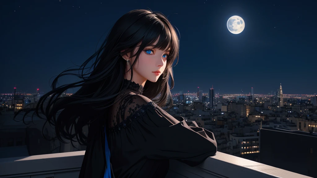 Ultra-détaillé, Beaux yeux, Yeux détaillés, visage détaillé, Ultra-détaillé, Beaux yeux, cheveux noirs mi-longs, prise de vue en grand angle, Femme aux beaux yeux bleus, regarder le paysage nocturne de la ville une nuit, profil, robe ample décontractée noire, appuyé contre le mur, fond bleu profond, clair de lune, lumières fantastiques des bâtiments et des bâtiments, Composition comme une scène de film, chef-d&#39;œuvre, meilleure qualité, Haute résolution, 16k