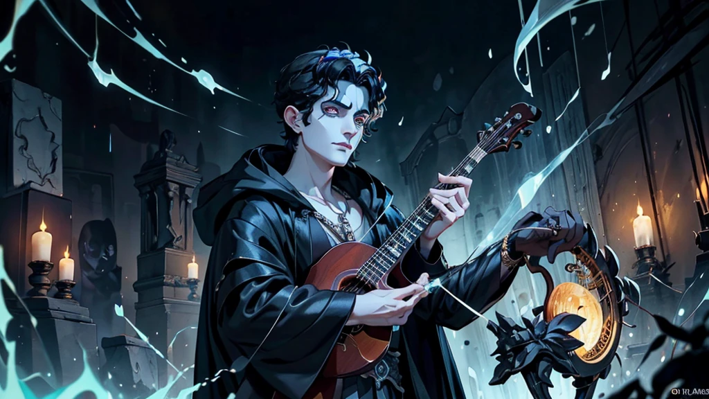 hades, the god of the underworld, appearing before Orpheus with a solemn expression. Orpheus, holding his lyre, looks determinedly at Hades. The atmosphere is dark and majestic, with Hades emanating power and authority while Orpheus's music softly echoes