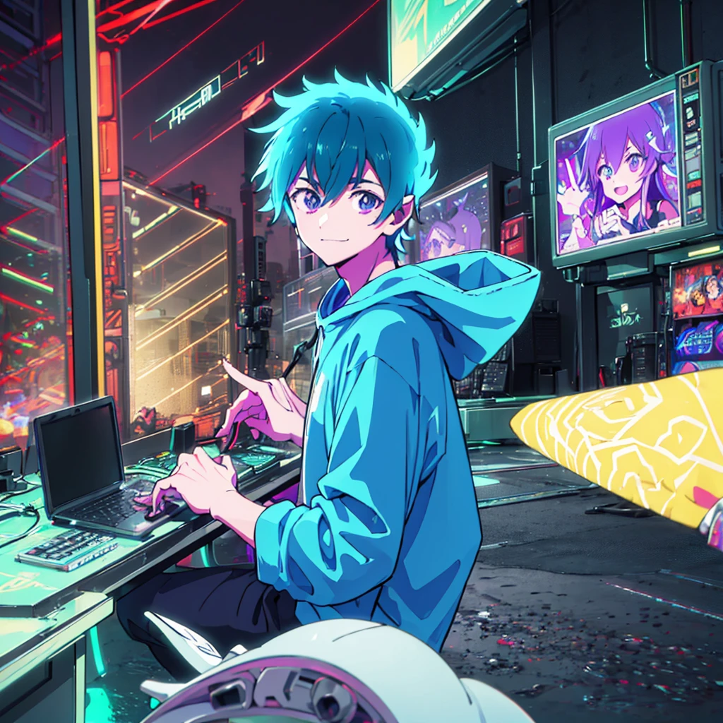 A captivating YouTube thumbnail featuring a satoru gojo anime-style character in a cyberpunk-inspired workshop stands with a friendly smile, showing off his computer repair skills. The surroundings are filled with futuristic neon-lit equipment, and the background is adorned with bright purple neon lights. The overall environment is vibrant, modern, and inviting, creating an exciting atmosphere for a computer repair tutorial or gaming channel.