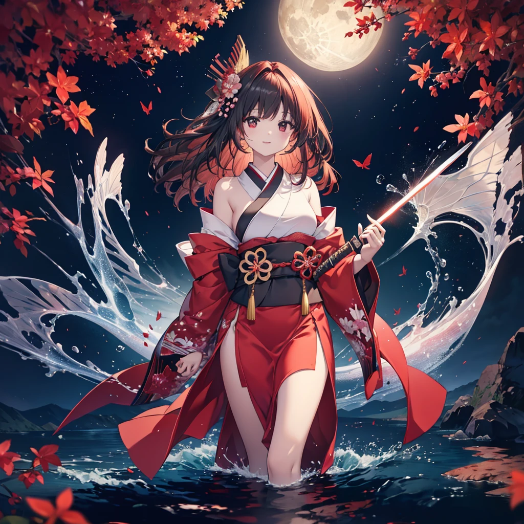 ((High resolution　Redhead　Long Hair　Tie-up hair　Black kimono　red band　Goddess of victory　smile　Standing on the surface of the water))　((Red butterfly　night　Japanese style　shoulder　old　Shining Aura　rain))　(((Grasp the sword　Japanese sword　long blade　Light reflected on the sword)))　((Shining Background　Shining Edge))moon　star　Draw your sword　Slashing　Catch the wind　autumn