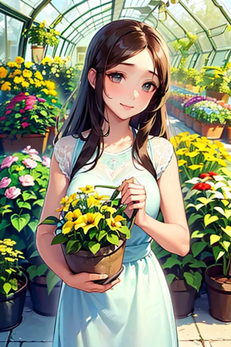 a beautiful girl, long brown hair, aquamarine eyes, gardening, flowers and plants, serene and kind expression, greenhouse, tendi...