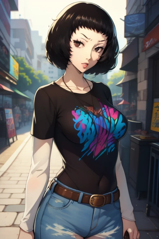 sadayokawakami, 1girl, solo, black t-shirt, white shirt, blue jeans, belt, lipstick, large breasts
