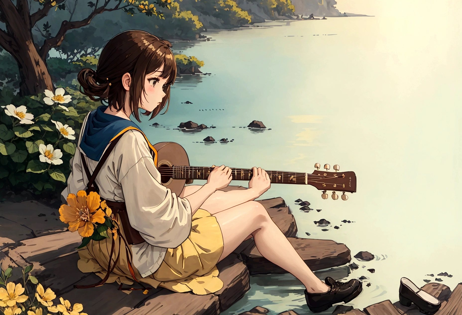 bleus, Une fille, musiqueal instrument, fleur, seul, Extérieur, cheveux bruns, Séance, guitare, nuage, nul, chaussures, fleurびら, Cheveux courts, jour, bois, musique, Flou foreground, Flou, chemise, blue nul, playing musiqueal instrument, orange fleur, paysage, Vent, holding musiqueal instrument, amplificateur, Profondeur de la limite écrite, yellow fleur, Jack Johnson, plan large, jupe verte, profil, feuille, clôture, nuagey nul, Océan, Studio Ghibli Style HMC, 夕暮れ時に棚に座ってguitareを弾く少年, fond d&#39;écran 8k, guitareを弾く, fille lofi,(chaud, couleurs vives), (Doux, lumière dorée), (Reflets scintillants sur l&#39;eau), Style animé，Océan，Océanのビーチ，ココナッツのbois, illustrateur