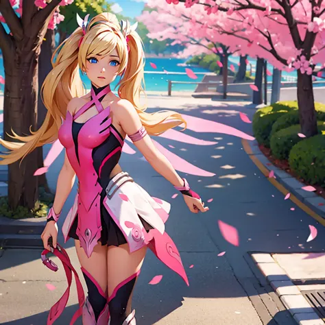 Pink mercy from overwatch, surrounded by pink cherry blossoms and swirling cherry blossom petals