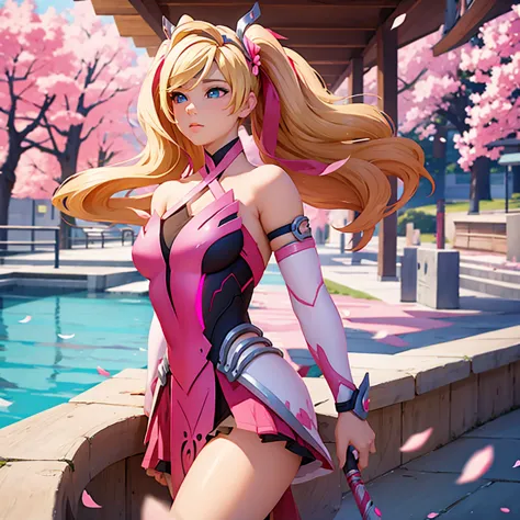 Pink mercy from overwatch, surrounded by pink cherry blossoms and swirling cherry blossom petals