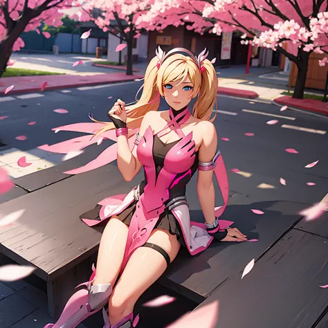 Pink mercy from overwatch, surrounded by pink cherry blossoms and swirling cherry blossom petals