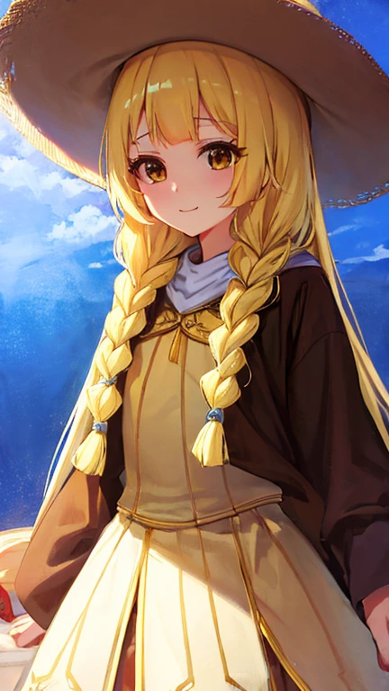 masterpiece, Highest quality, High resolution，Follow the prompts、Anime Style、One Girl、Lady、Long blonde、Pale brown eyes、Put your bangs in thin braids、白色のLadyドレス、Wide-brimmed hat、smile、I left my childhood behind