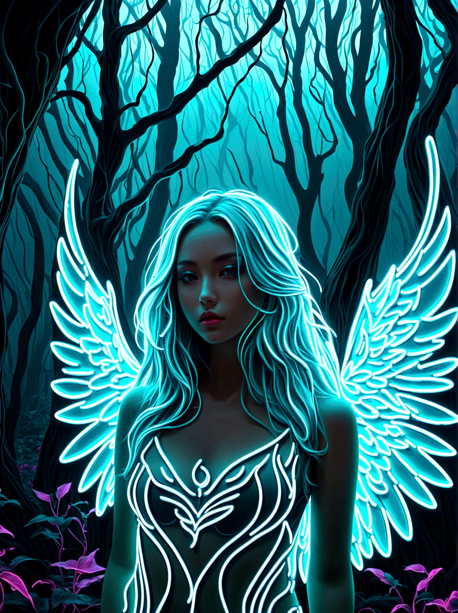 Neon，发光的Neon, Desolate mysterious forest in fog，Beautiful girl with long white wavy hair，Stand in front，With wings，(翅膀由彩虹色Neon轨迹...