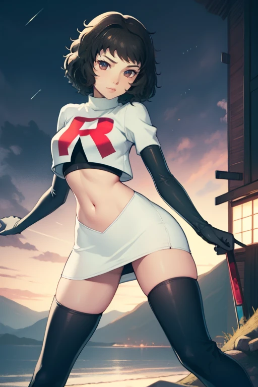 sadyokawakami,fusée,team fusée uniform, lettre rouge R, jupe blanche,haut court blanc,cuissardes noires,gants de coude noirs, Sourire démoniaque, regarde le spectateur, poses sexy