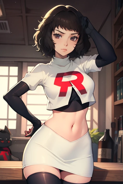 sadyokawakami,fusée,team fusée uniform, lettre rouge R, jupe blanche,haut court blanc,cuissardes noires,gants de coude noirs, Sourire démoniaque, regarde le spectateur, poses sexy