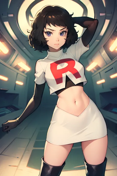 sadayokawakami,rocket,team rocket uniform, red letter r, white skirt,white crop top,black thigh-high boots,black elbow gloves, e...