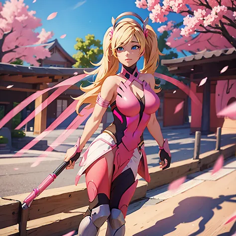 Pink mercy from overwatch, surrounded by pink cherry blossoms and swirling cherry blossom petals