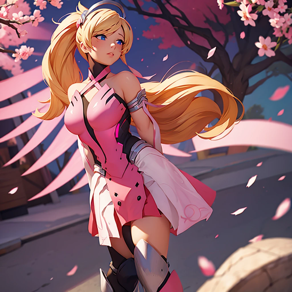 Pink mercy from overwatch, surrounded by pink cherry blossoms and swirling cherry blossom petals