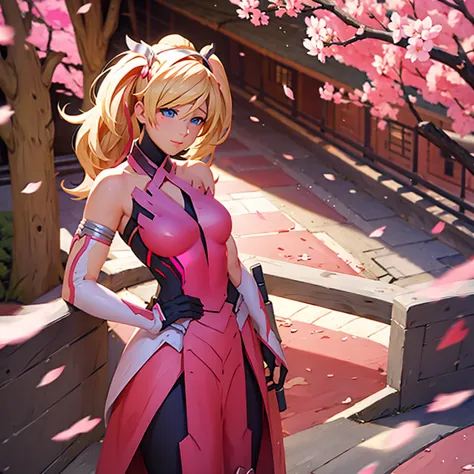 Pink mercy from overwatch, surrounded by pink cherry blossoms and swirling cherry blossom petals