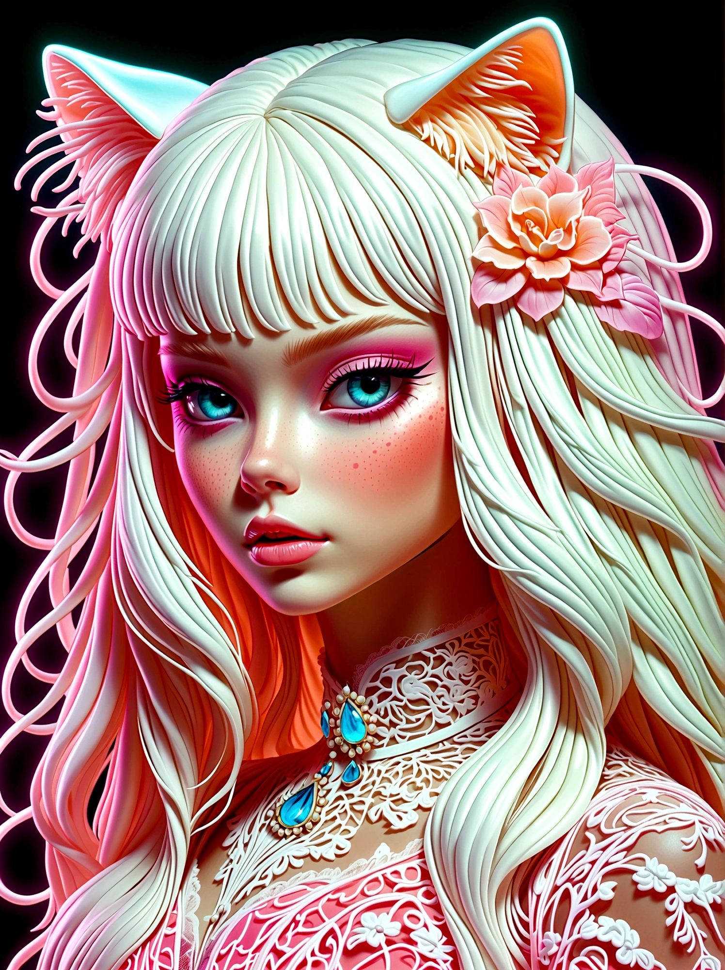 Neon, Made of glowing neon glass，Transparent Materials，Gloss，Refraction Details，Albino cat，Longbearded jellyfish on the head，Long hair doll，Plastic lace long skirt，Renaissance，Baroque，Psychedelic，romantic，neon palette, pale color, 1nhdg1