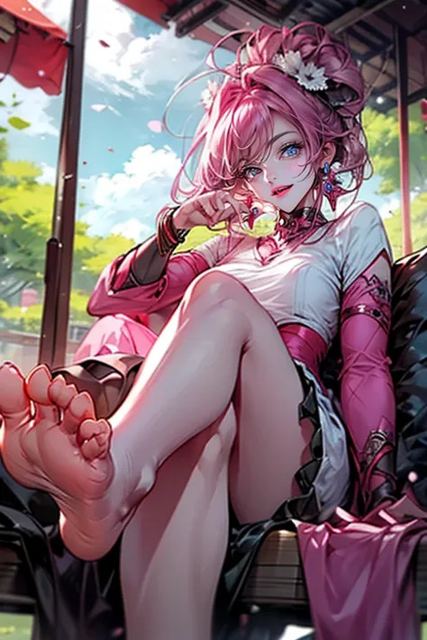 1girl,solo,cute,perfect face,pink hair,she is sitting,crossed legs,thighs,sexy,show feet,Sole of foot,perfect fingers