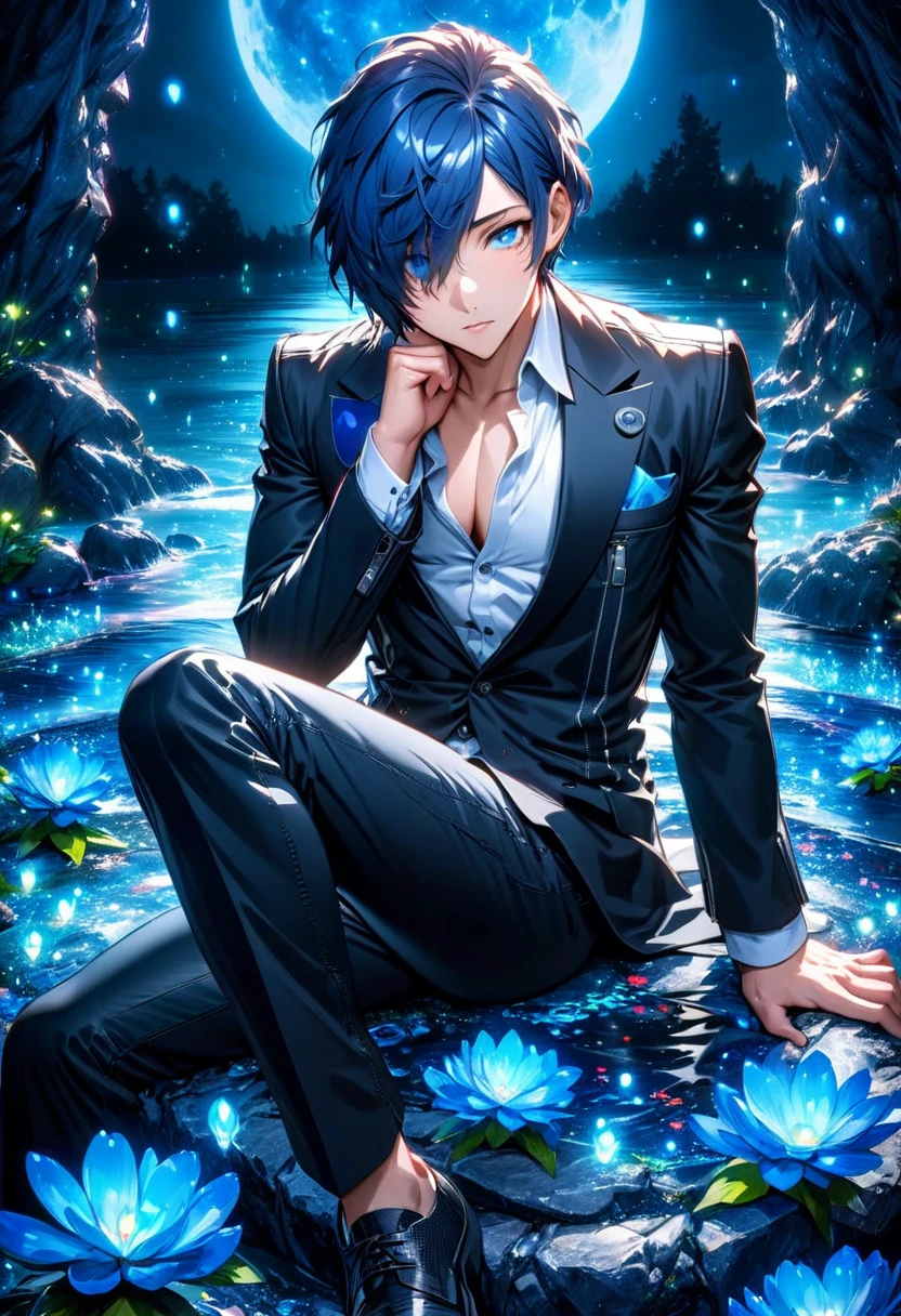 absurdres, highres, ultra detailed, HDR, masterpiece, Yuki Makoto, dark blue hair, hair over the left eye, expressive blue eyes, Persona 3, solo, sexy man sitting, handsome, black jacket, white shirt, black pants, magical, fantasy, water, blue moon, starry, blue fireflies, blue flowers