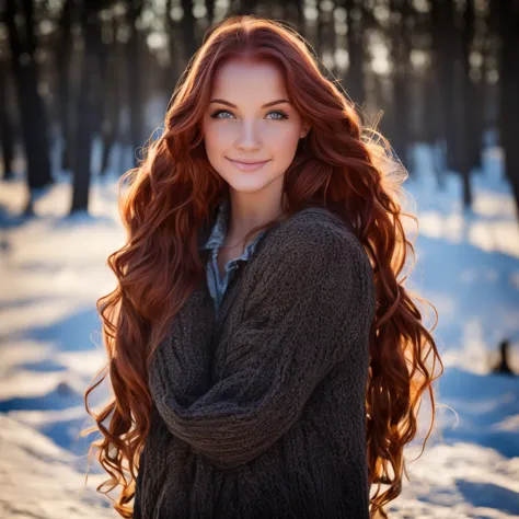 hyperrealistic and detailed full body photo of a young woman, smiling red haired beautiful woman. winter. die sonne scheint. per...