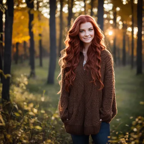 hyperrealistic and detailed full body photo of a young woman, smiling red haired beautiful woman. winter. die sonne scheint. per...