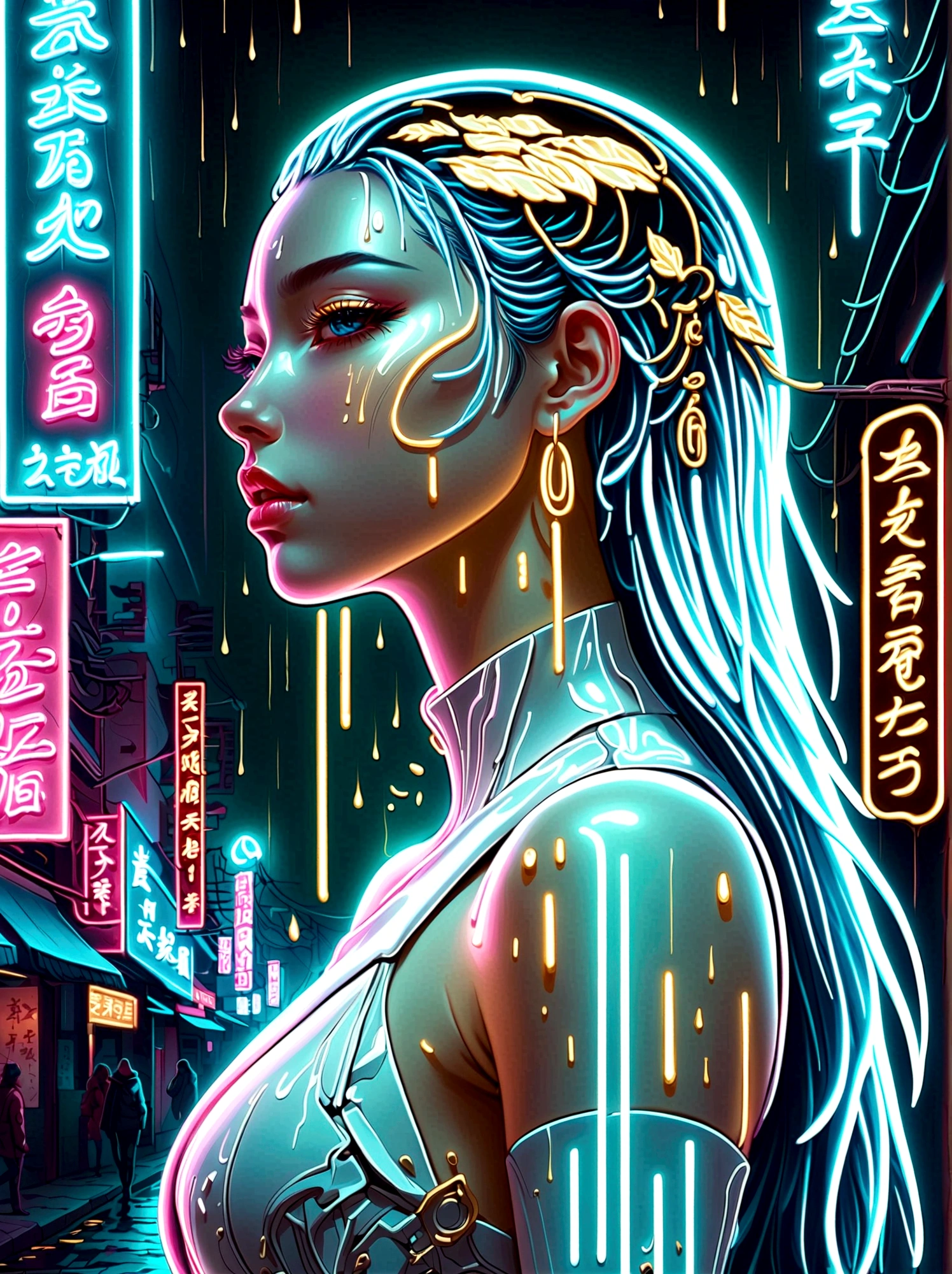 Neon, Leuchtendes Neon, Cyberpunk girl profile，ganzer Körper像，goldenes Licht，Goldene Regentropfen，Blut befleckt die Erde，Blaue und weiße Porzellanstruktur, (Am Körper bildeten sich regenbogenfarbene Neonspuren:1.3)，surreal，Fantasie，Atemberaubend，Vision，ganzer Körper