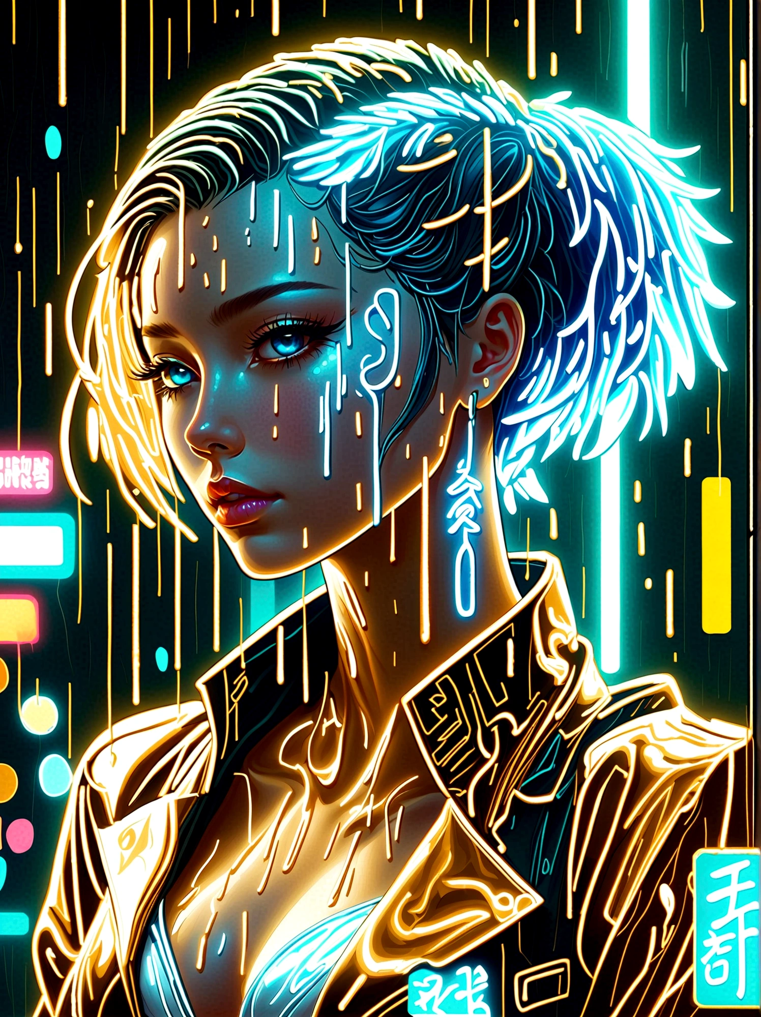 Neon, Glowing Neon, Cyberpunk girl profile，whole body像，Golden Light，Golden Raindrops，Blood stains the earth，Blue and white porcelain texture, (Body rainbow color Neon trail formation:1.3)，surreal，fantasy，Stunning，Vision，whole body