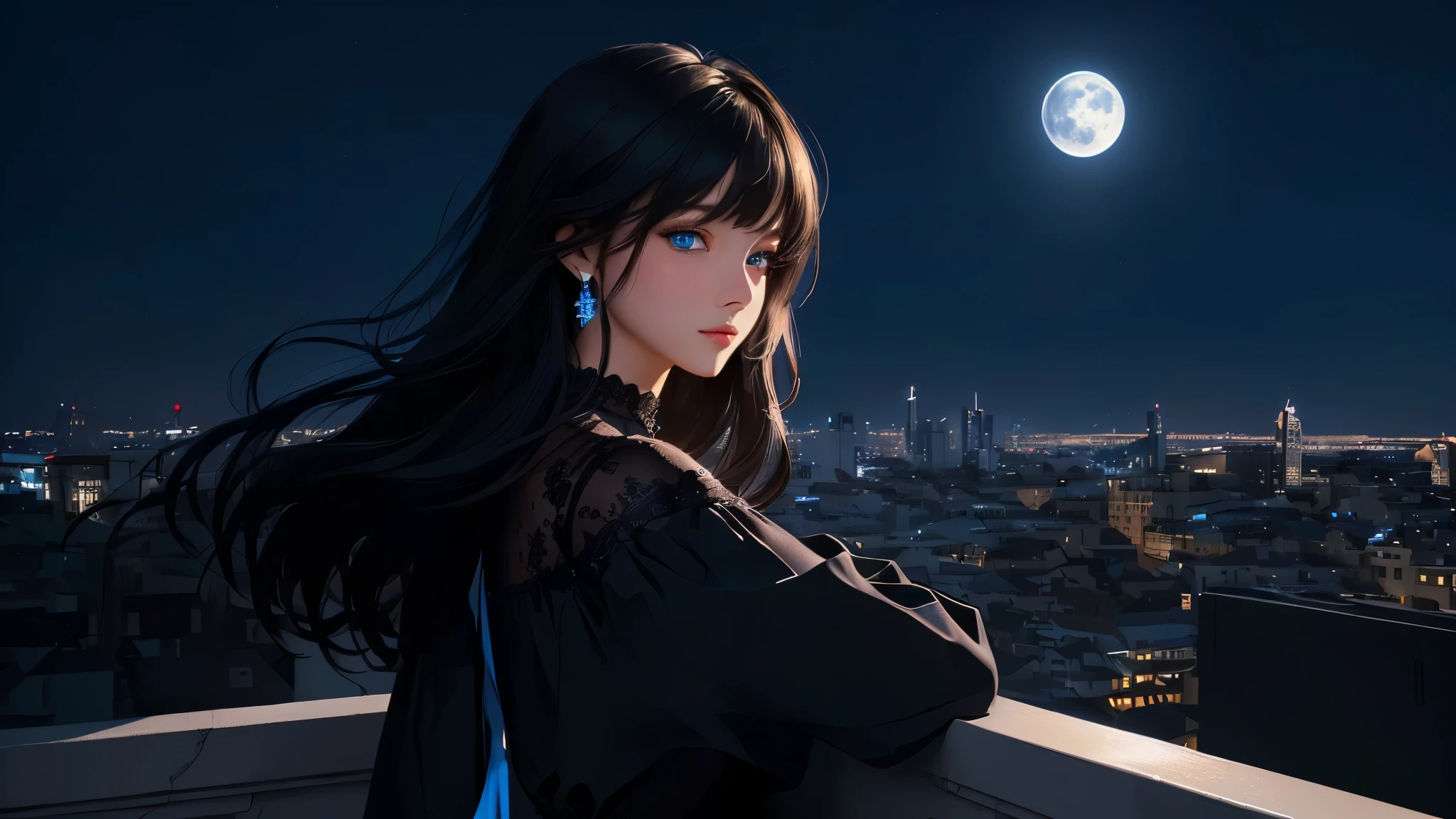 ultra-detailed, beautiful eyes, detailed eyes, detailed face, ultra-detailed, beautiful eyes, Black medium hair, high angle shot, Woman with beautiful blue eyes, looking at the city nightscape on a lonely night, profile, black casual loose-fitting dress, leaning against the wall, deep blue background, moonlight, fantastic lights of buildings and buildings, (((World with blue background))), ((city lights shining beautifully)), blur, Composition like a scene from a movie, master piece, best quality, high resolution, 16k