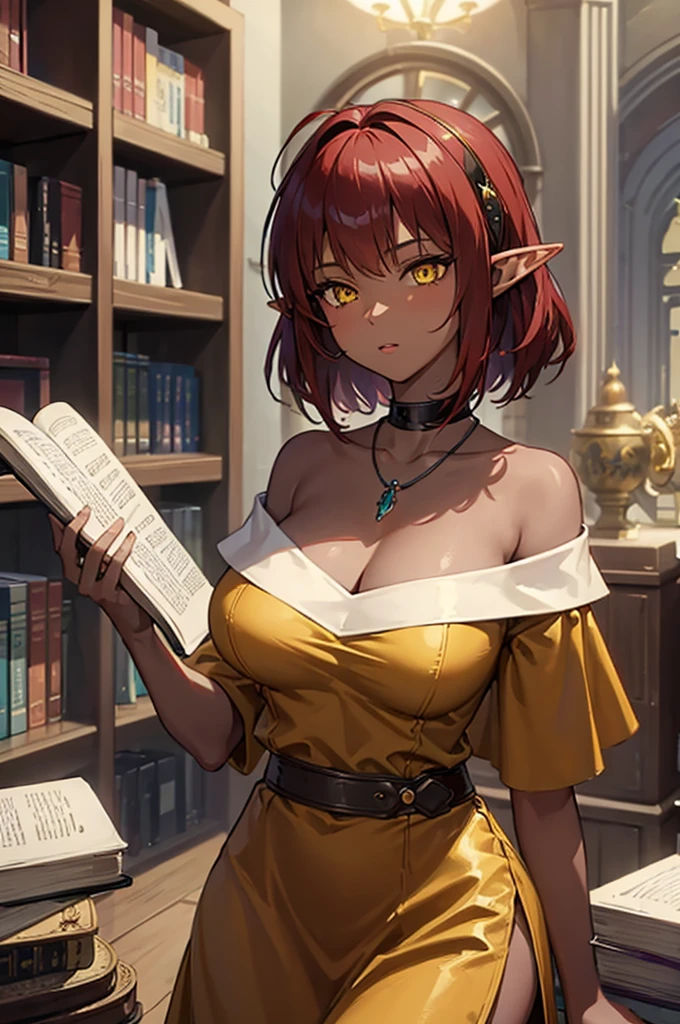 ((best quality)), ((masterpiece)), (detailed), Perfect face, girl, , Red hair, short hair，Brown skin，Yellow eyes,Fantasy style, Off-shoulder dress，stocking，necklace，Backless，Elf ears，Huge Breasts，Magic book，library