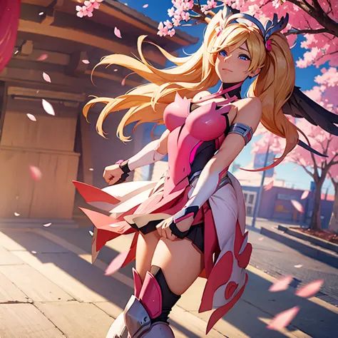 Pink mercy from overwatch, surrounded by pink cherry blossoms and swirling cherry blossom petals