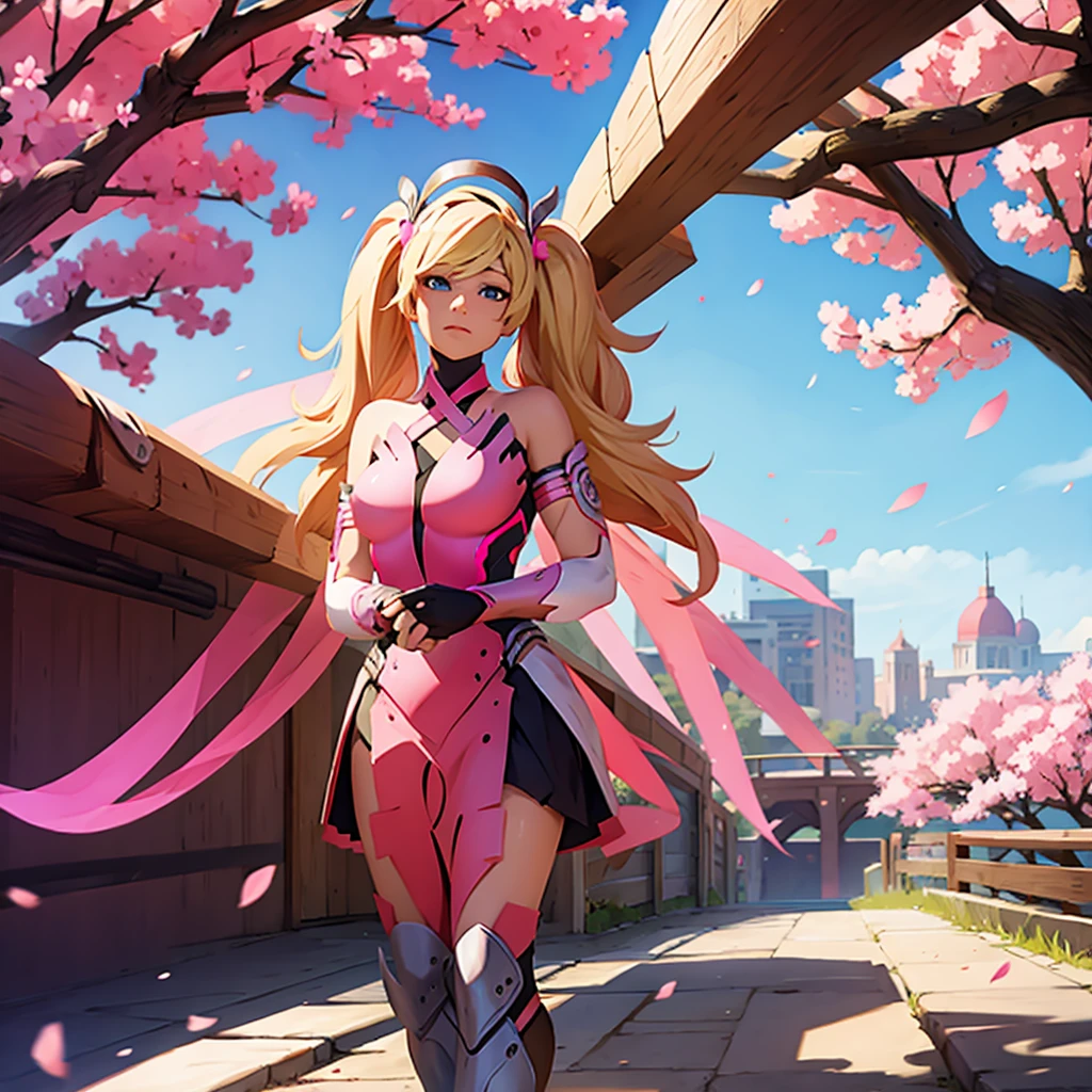 Misericórdia rosa de Overwatch, cercado por flores de cerejeira rosa e pétalas de flores de cerejeira rodopiantes