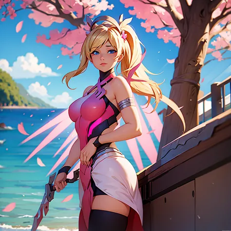 Pink mercy from overwatch, surrounded by pink cherry blossoms and swirling cherry blossom petals