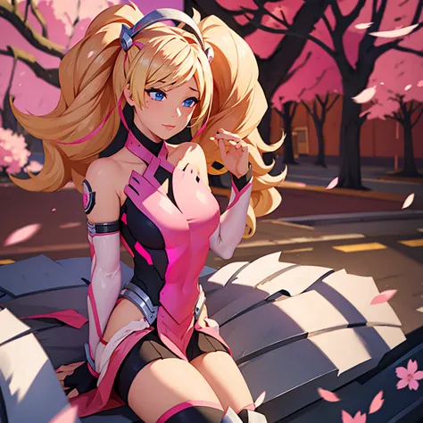 Pink mercy from overwatch, surrounded by pink cherry blossoms and swirling cherry blossom petals