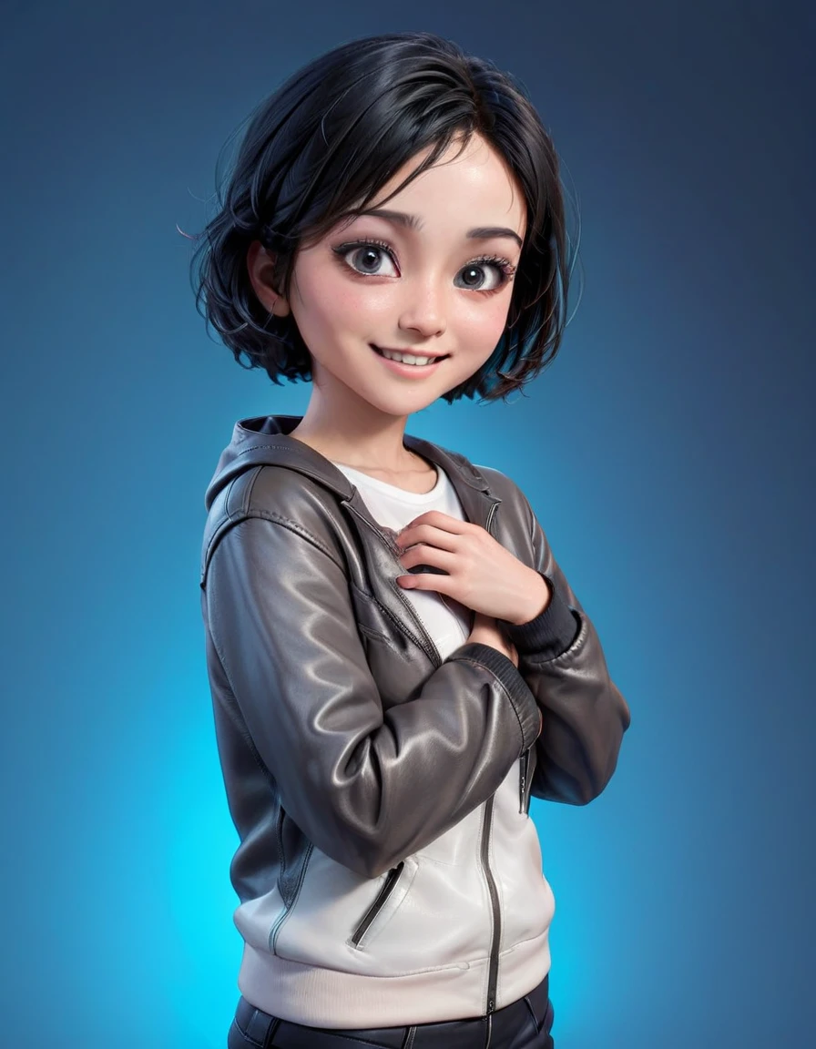 Create cartoonish caricature 3D animation with a big head. a 19 years old Indonesian woman. She has short, black pixie-cut hair. Her face is oval-shaped with smooth lines, thick and neat black eyebrows, normal  eyes, a small pointed nose, and thin lips with a wide, friendly smile. She is wearing a light grey leather jacket over a white t-shirt. Gradient blue background with professional lighting. masterpiece, top quality, skin and face very detailed, ultra-realistic, high definition, studio lighting, sharp focus, body angle 2/3, Concept Art, 3D render.