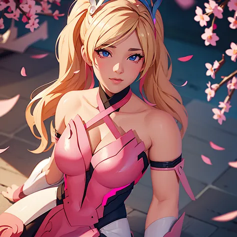 a cute pink mercy character from overwatch, surrounded by pink cherry blossoms, swirling cherry blossom petals, intricate detail...