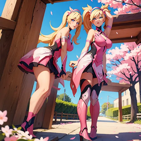 pink mercy from overwatch, surrounded by pink cherry blossoms and swirling cherry blossom petals