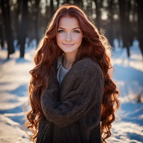 hyperrealistic and detailed full body photo of a young woman, smiling red haired beautiful woman. winter. die sonne scheint. per...