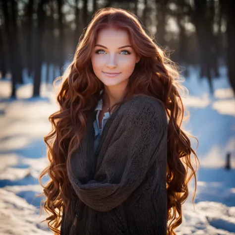 hyperrealistic and detailed full body photo of a young woman, smiling red haired beautiful woman. winter. die sonne scheint. per...