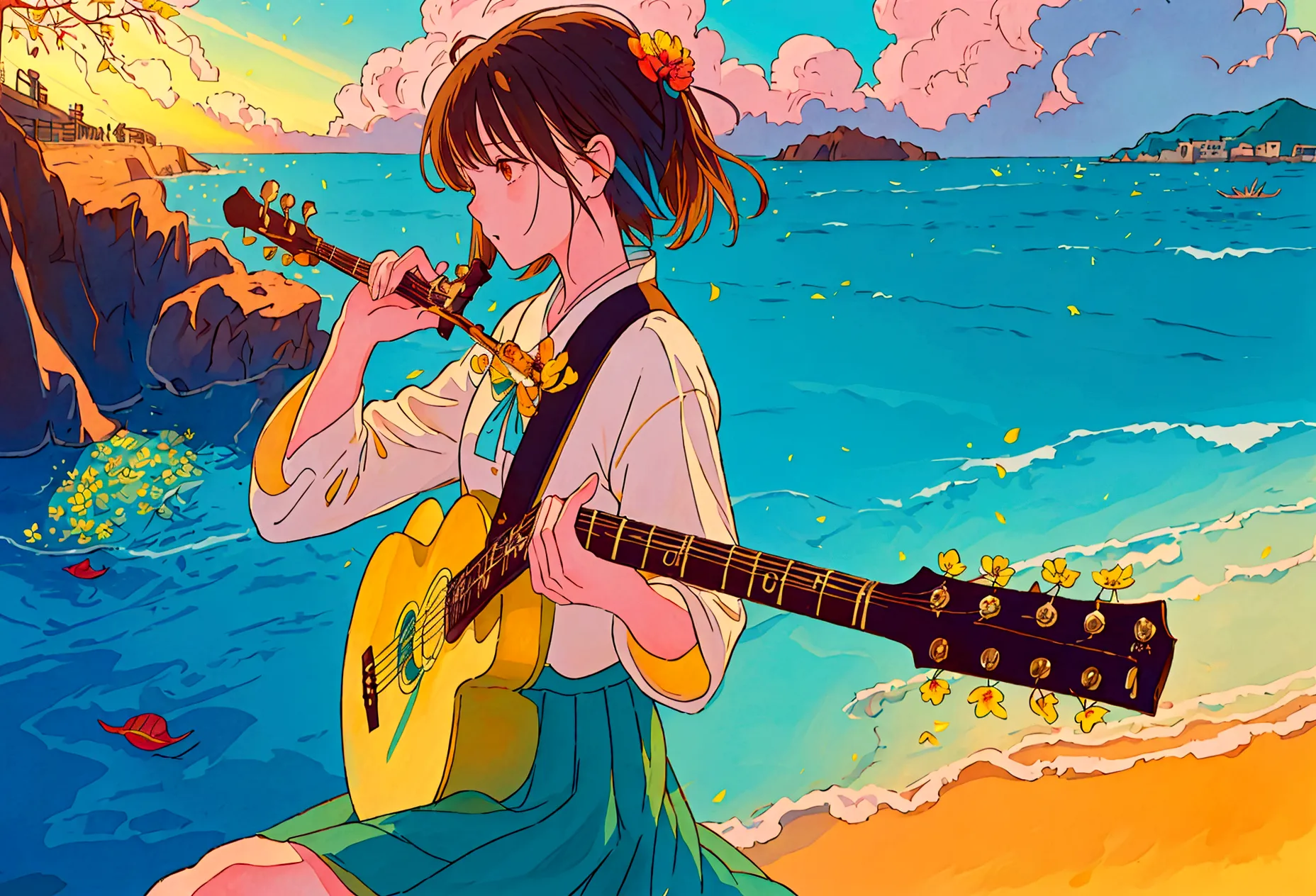 blues, one girl, musical instrument, flower, alone, outdoor, brown hair, sitting, guitar, cloud, null, shoes, flowerびら, short ha...