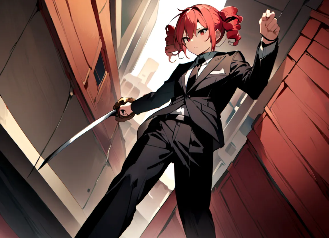 red hair、black suit、black slacks、wearing leather shoes、holding a sword