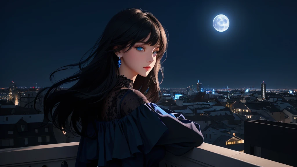 Ultra-détaillé, Beaux yeux, Yeux détaillés, visage détaillé, Ultra-détaillé, Beaux yeux, cheveux noirs mi-longs, prise de vue en grand angle, Femme aux beaux yeux bleus, regarder le paysage nocturne de la ville une nuit, profil, robe ample décontractée noire, appuyé contre le mur, fond bleu profond, clair de lune, lumières fantastiques des bâtiments et des bâtiments, (((Monde avec fond bleu))), ((les lumières de la ville brillent magnifiquement)), se brouiller, Composition comme une scène de film, chef-d&#39;œuvre, meilleure qualité, Haute résolution, 16k