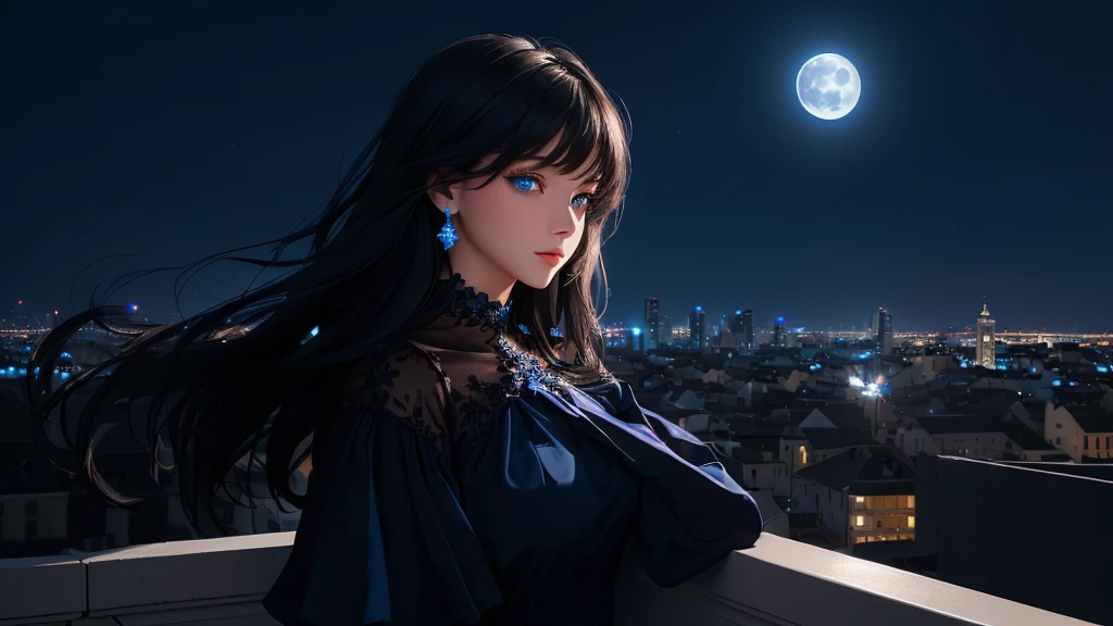 ultra-detailed, beautiful eyes, detailed eyes, detailed face, ultra-detailed, beautiful eyes, Black medium hair, high angle shot, Woman with beautiful blue eyes, looking at the city nightscape on a lonely night, profile, black casual loose-fitting dress, leaning against the wall, deep blue background, moonlight, fantastic lights of buildings and buildings, (((World with blue background))), ((city lights shining beautifully)), blur, Composition like a scene from a movie, master piece, best quality, high resolution, 16k