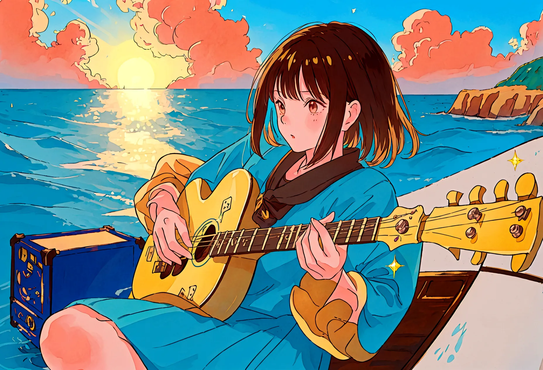 blues, one girl, musical instrument, flower, alone, outdoor, brown hair, sitting, guitar,  short hair, day, wood, music, blurred...