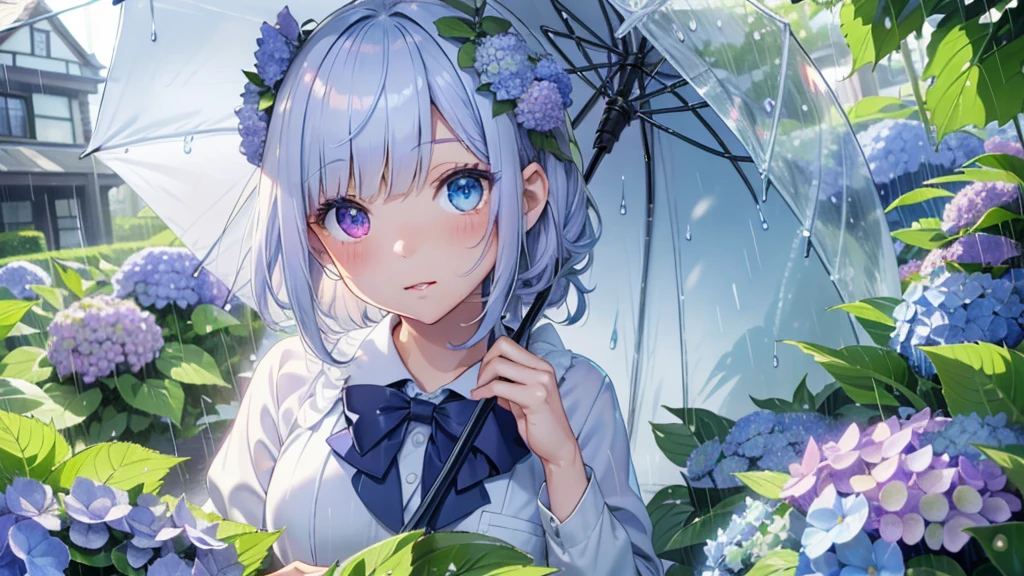 Best quality、Photorealistic、Ultra-detailed、delicate、Orderly、High Detail、Bluish Silver Short Bob、(Drooping heterochromia iris,glowing eyes:1.2)、slender、(One girl:1.2)、(Girl buried in hydrangeas、umbrella、rain、wet、Dynamic Angle、Dutch Angle、school uniform:1.3)、Ambient Occlusion、Ambient Light、Ray-traced Reflections、Glow、Shiny Hair、
