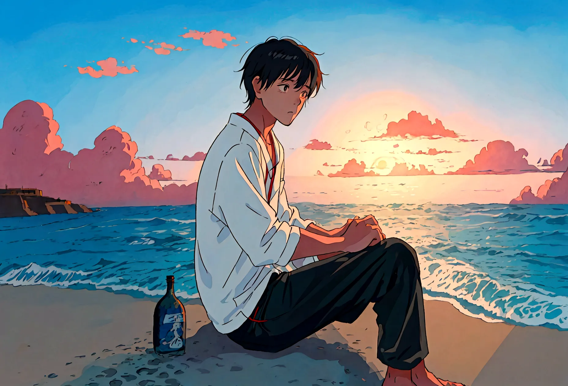 studio ghibli style hmc, illustrator, sad ,20 year old black boy, he was sitting on the beach watching the sunset over the ocean...