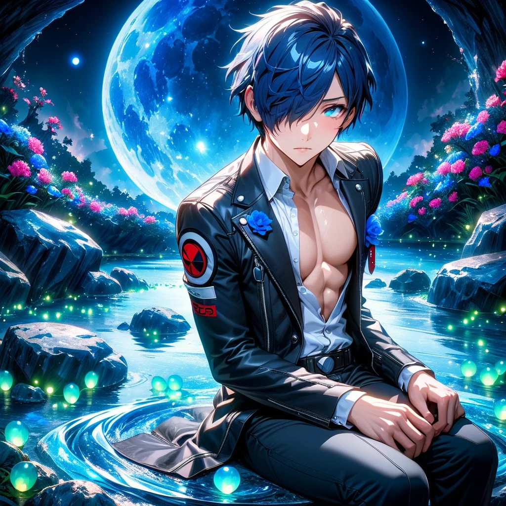 absurdres, highres, ultra detailed, HDR, masterpiece, Yuki Makoto, dark blue hair, hair over the left eye, expressive blue eyes, Persona 3, solo, sexy man sitting, handsome, toned chest, black jacket, white shirt, black pants, magical, fantasy, water, blue moon, starry, blue fireflies, blue flowers