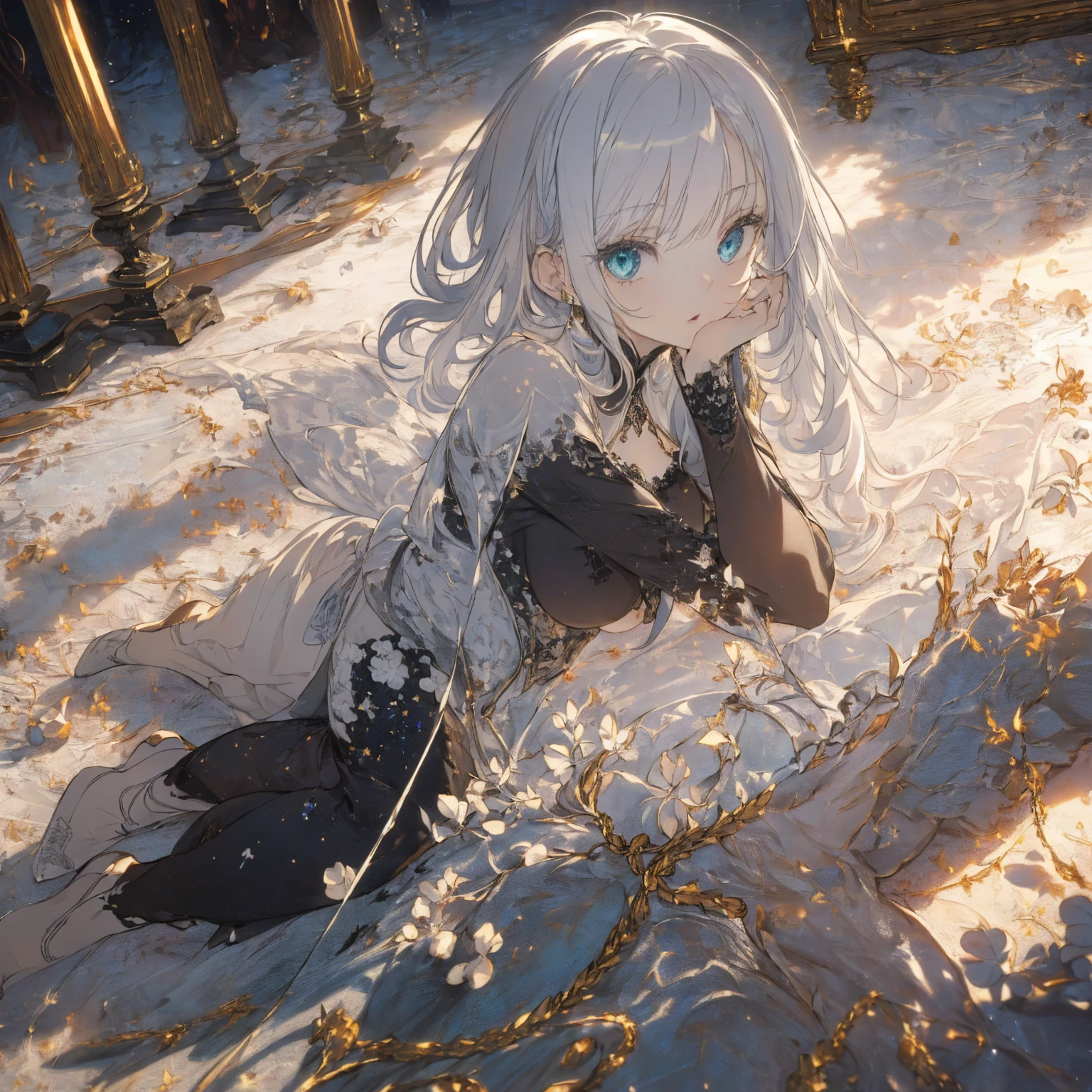 (Landscape photo, with a woman in the bottom right of photo:1.5, in white garden:1.5), Masterpiece, best quality, (very detailed CG unity 8k wallpaper), (best quality), High definition RAW color art, Animation,sculptures, (black Marble Skin), (((Ultra detailed elegant))), Magical atmosphere, Detailed skin, Texture,(Intricately detailed, Fine detail, ultra-detail art), depth of fields, Bokeh, Silky Touch, Hyper Detail, beautiful eyes, elegant face, (lying on floor, upper body focus), sparkle background, enormous breast:1.3, (silver hair), pure white, pose, muscle, embarrassing face