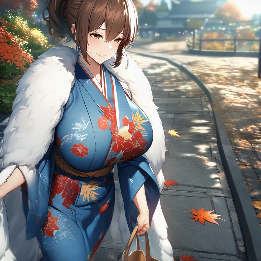 a woman wearing blue yukata with white details, red flowers on the kimono, long white stockings, white fur cape, brown eyes, brown hair, ponytail hair, walking on a sidewalk in autumn weather, big breasts, smiling,UHD , work- prime, precise, anatomically correct, textured skin, super details, high quality, best quality, 8k, high resolution, bokeh effect. (woman alone)
