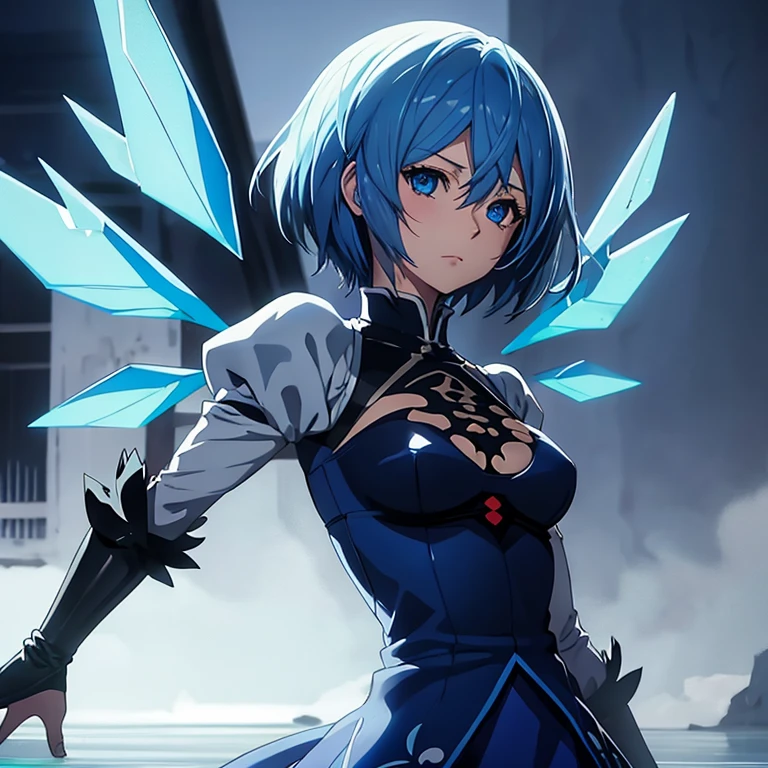 1 girl, solo, cirno, touhou, masterpiece, detailed, short blue hair, blue hair bow, blue eyes, 2b costume, ice wings, wide shot