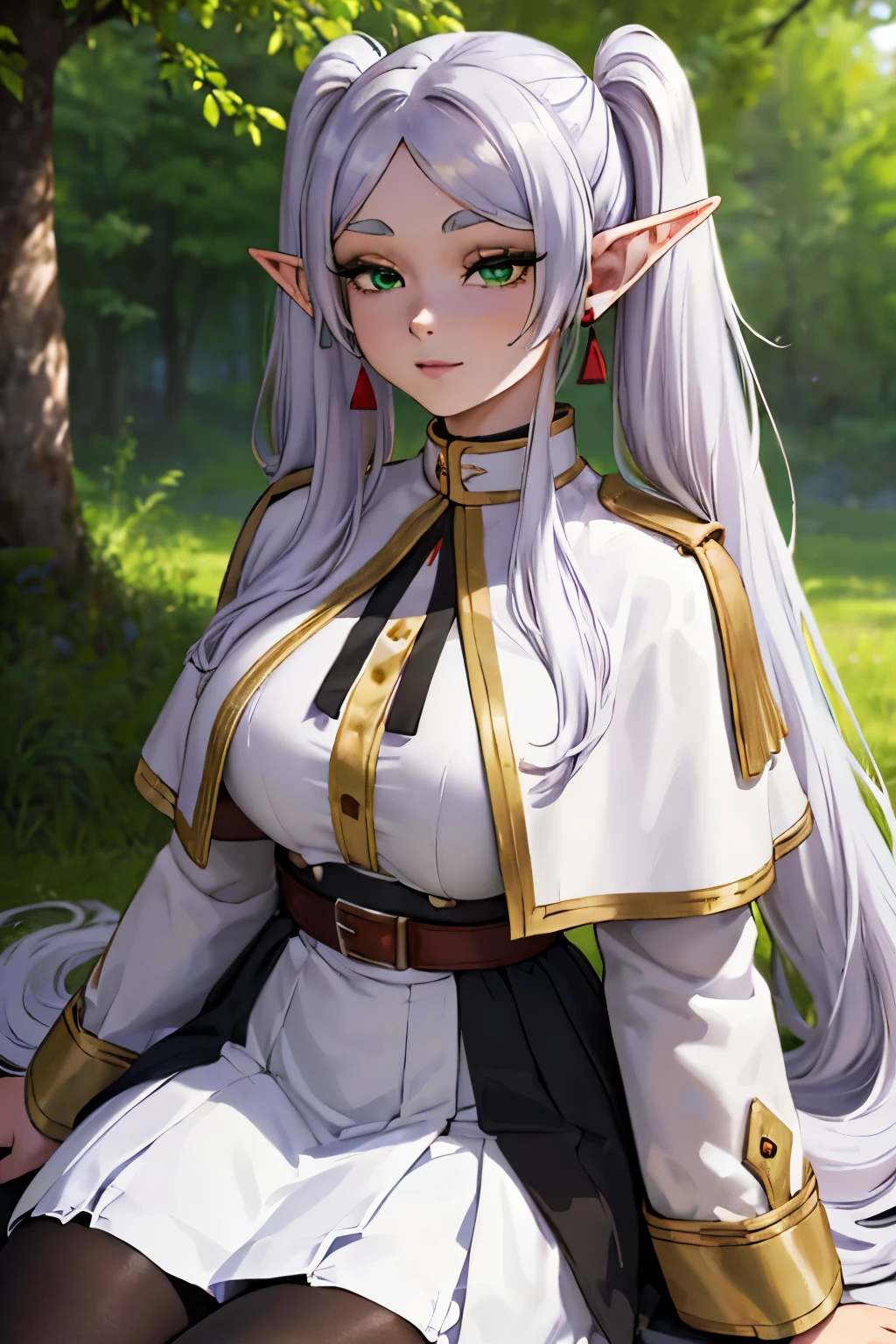 (forest edge), jambes grasses, gros seins, sourire, (extremely fine and beautiful:1.1), (perfect details:1.1), (finely detailed eyes and detailed face:1.3), Sousou no frieren, twintails, very long hair, silver hair, pointy ears, elf, white capelet, green eyes, (black pantyhose), earrings, white skirt, belt, white sleeves